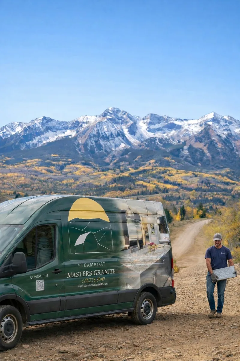 Steamboat Masters Granite van and team delivering countertop slabs in Colorado Rocky Mountains