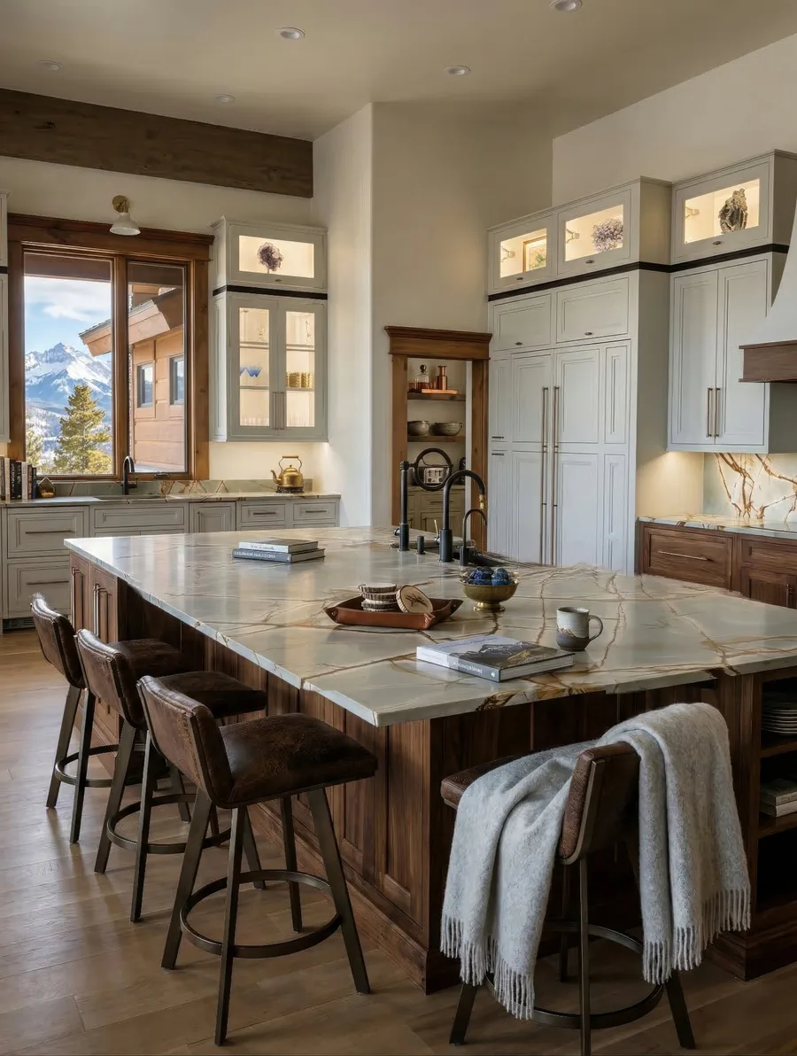 Luxury quartzite kitchen island with mountain views in Colorado