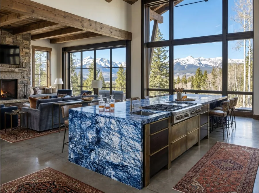Crystal Blue quartzite exotic kitchen island
